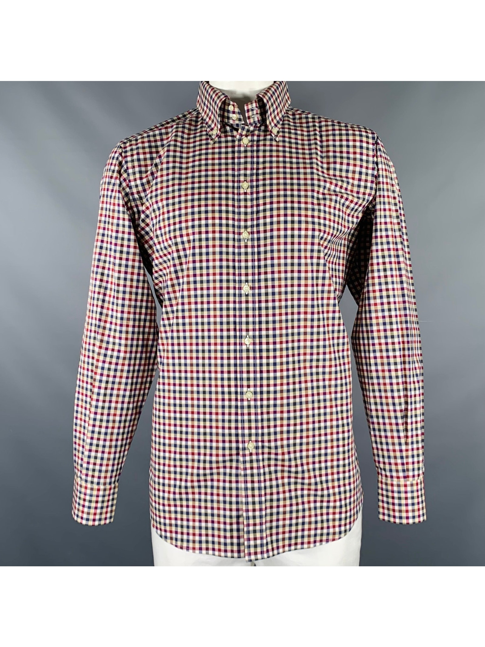 Etro Size L Navy Burgundy Checkered Cotton Button Up Long Sleeve Shirt